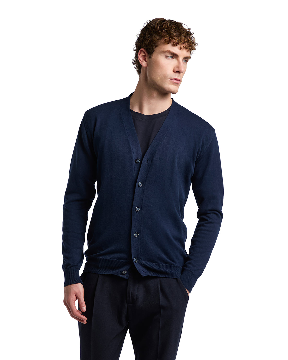 Navy blue knitted cardigan for men, featuring button front and long sleeves, perfect for casual or smart-casual looks.