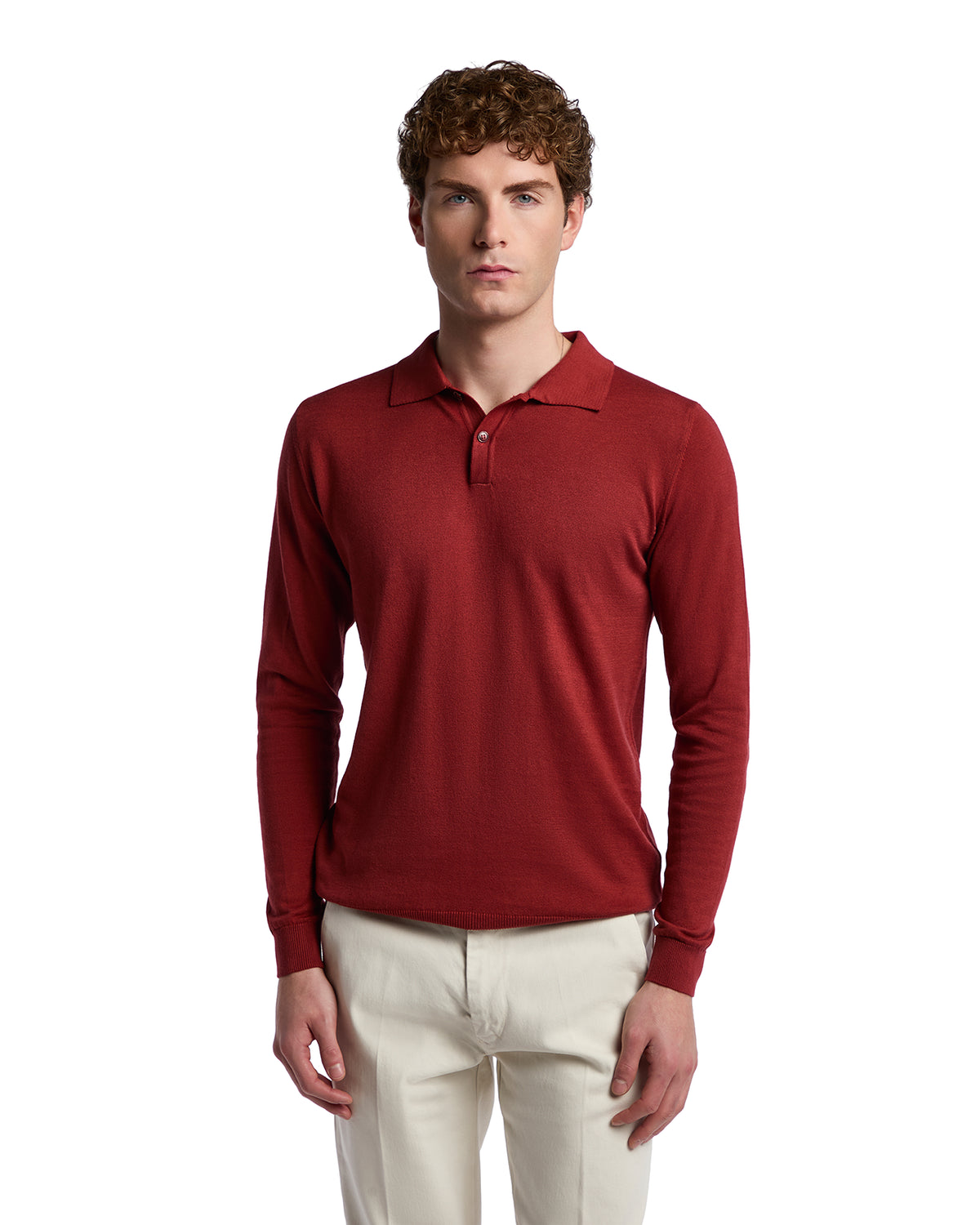Men's long-sleeve burgundy polo shirt in soft cotton, featuring a classic collar and tailored fit. Perfect for casual wear.