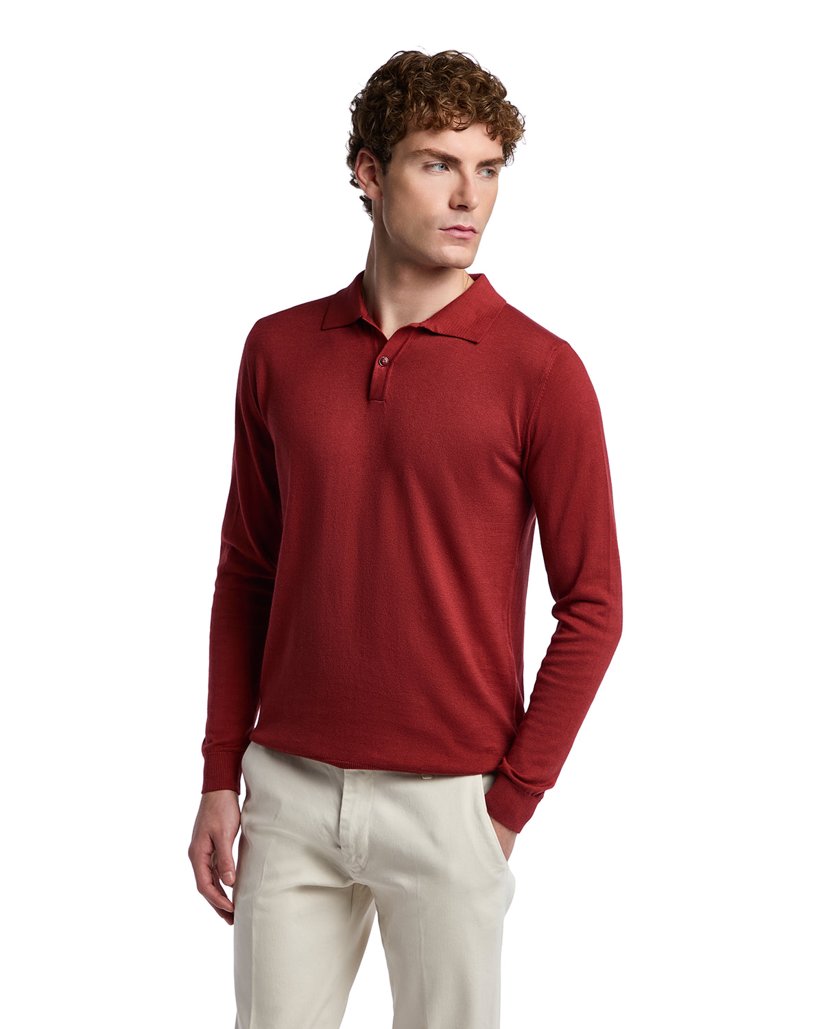Men's deep red long-sleeve polo shirt in soft cotton blend, featuring a classic collar and slim fit style.