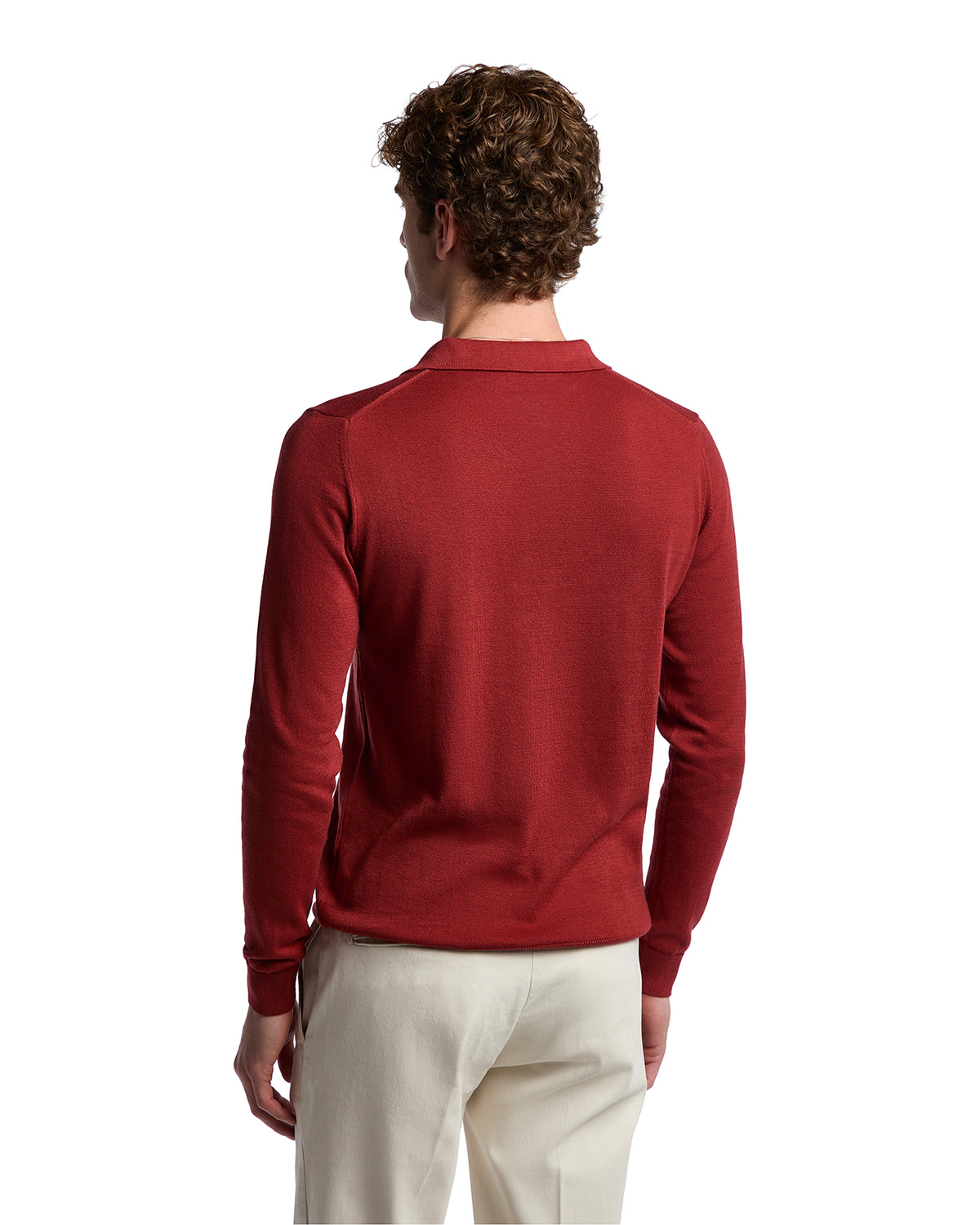 Men's maroon long-sleeve polo shirt in soft knit fabric, ideal for casual or semi-formal wear.