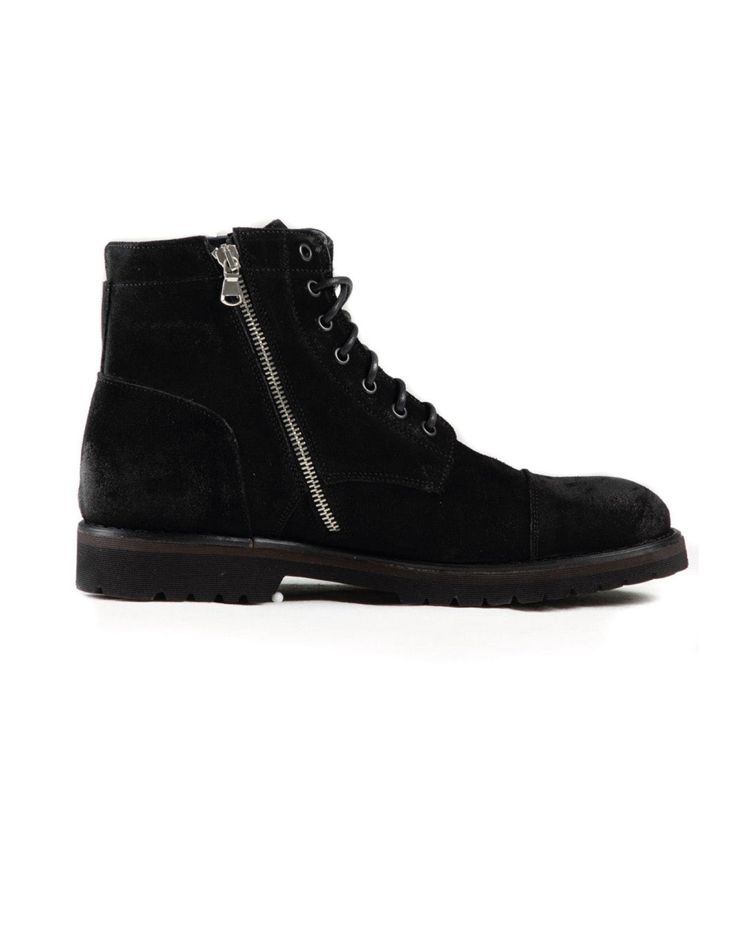 Black suede ankle boots with side zipper, lace-up design, and durable rubber sole for a stylish, rugged look.