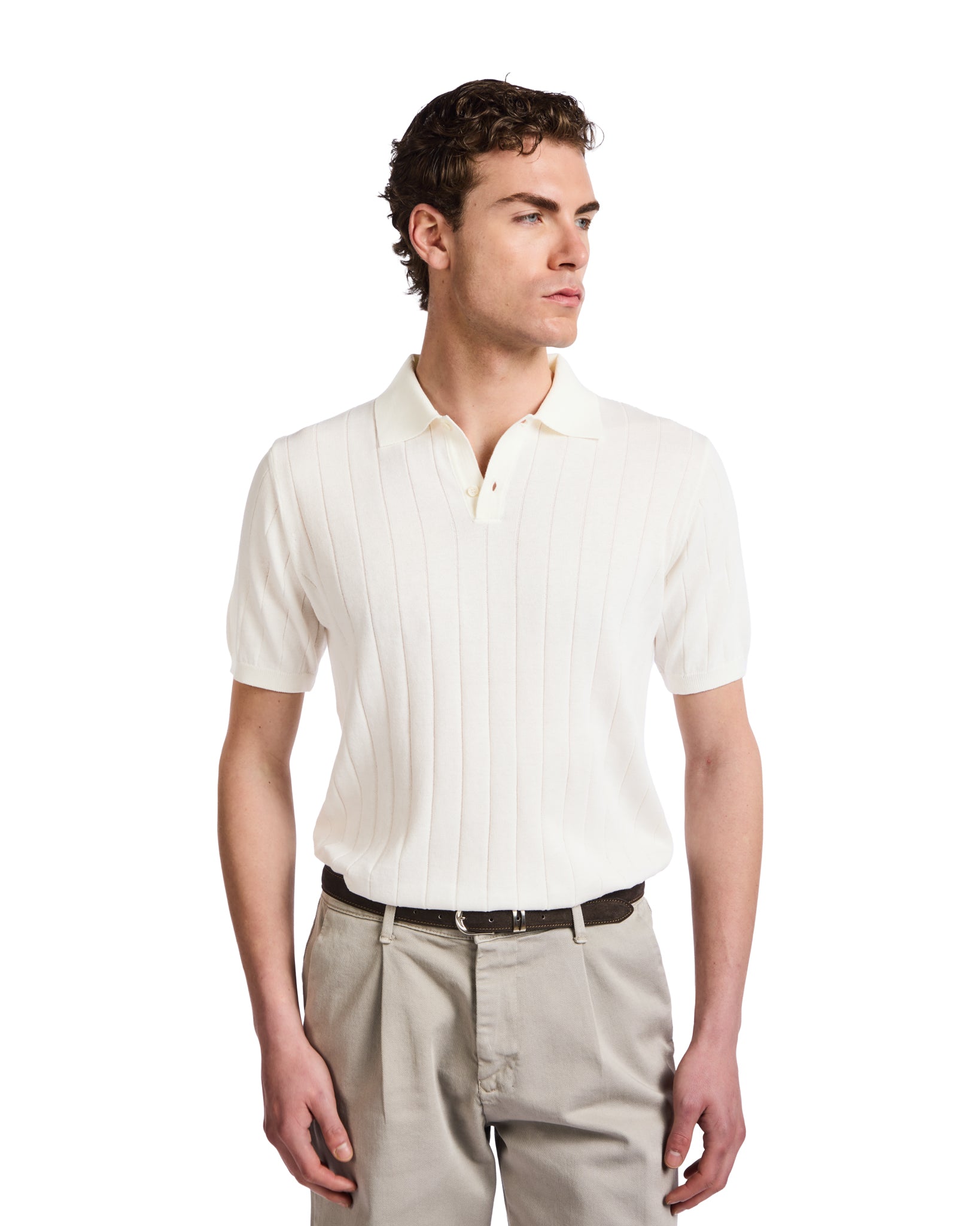 Cameron Polo in white ribbed knit