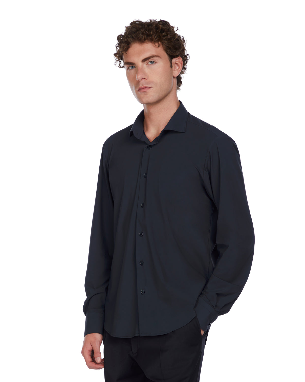 Men's dark navy long-sleeve dress shirt, made from lightweight cotton, featuring a modern fit and classic button-down collar.