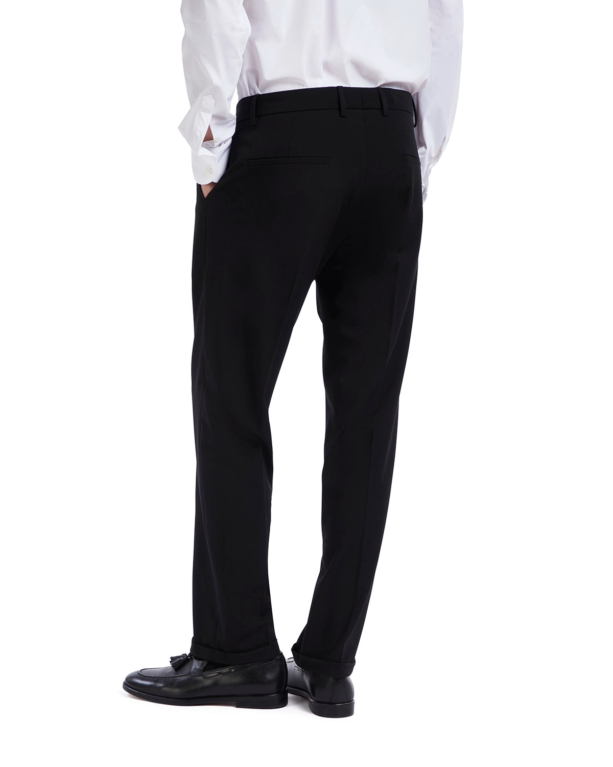 Men's black tailored dress pants in sleek fabric, featuring a slim fit and classic design. Suitable for formal occasions.