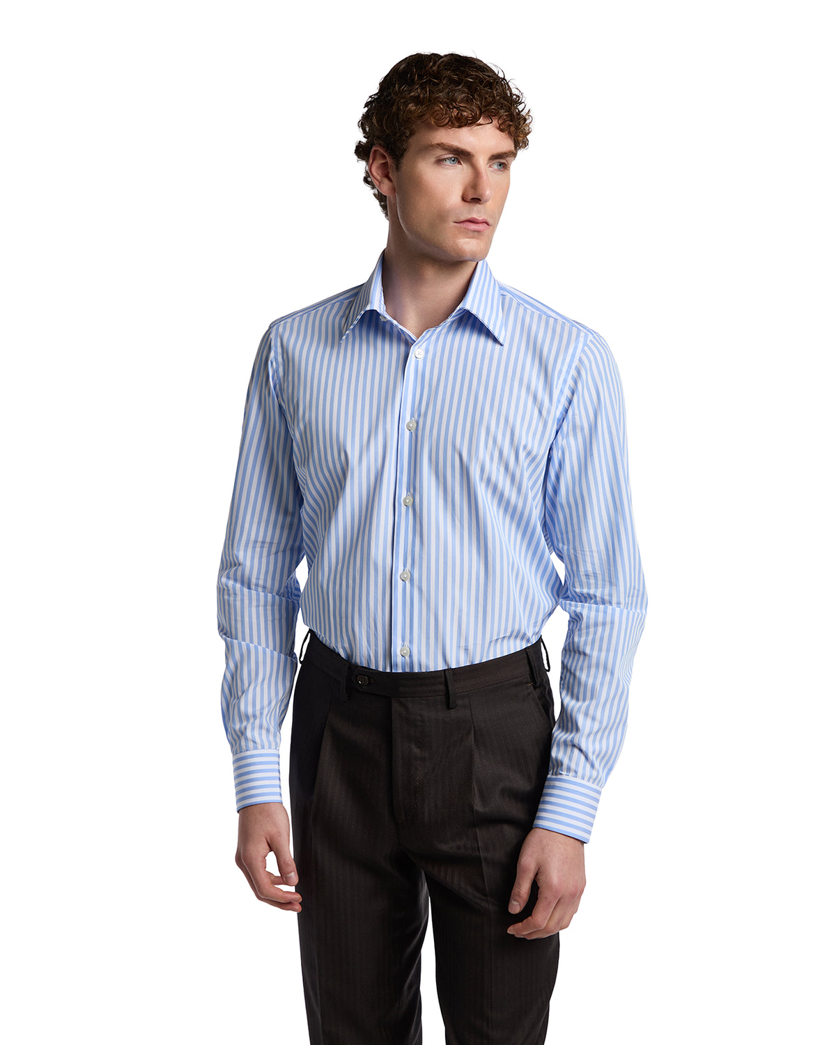Light blue striped dress shirt in breathable cotton, featuring a classic collar and long sleeves, perfect for formal occasions.