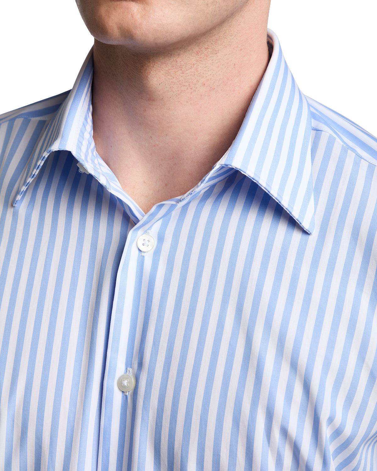 Men's blue and white striped dress shirt, made from lightweight cotton, featuring a classic collar and button-down style.
