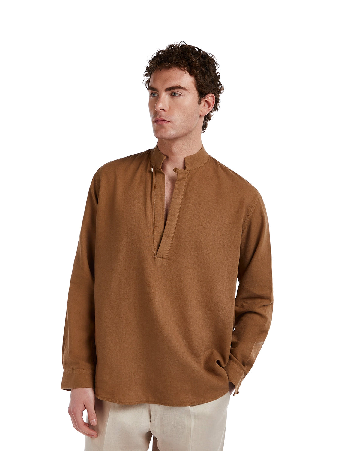 Brown linen long-sleeve shirt with a mandarin collar for men, perfect for casual or smart-casual occasions.