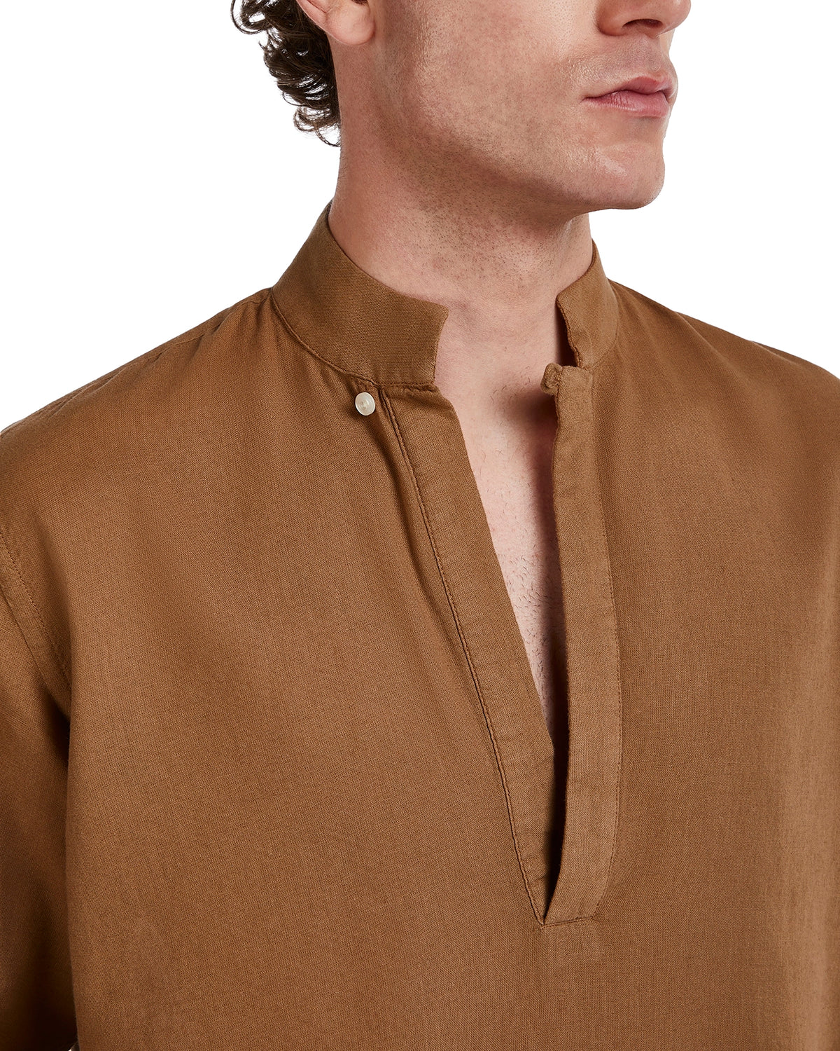 Brown linen collared shirt with a buttoned placket, perfect for casual or smart-casual occasions.