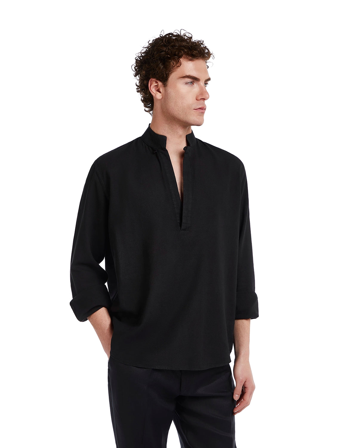Black cotton pullover shirt with a Mandarin collar and three-quarter sleeves for a relaxed, stylish look.
