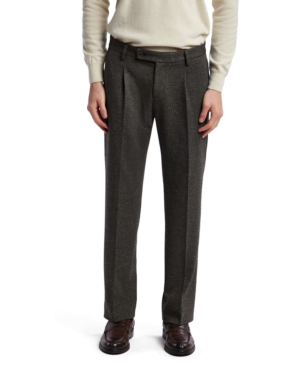 Men's gray tweed trousers with pleats, featuring a classic fit and adjustable waistband. Perfect for formal occasions.