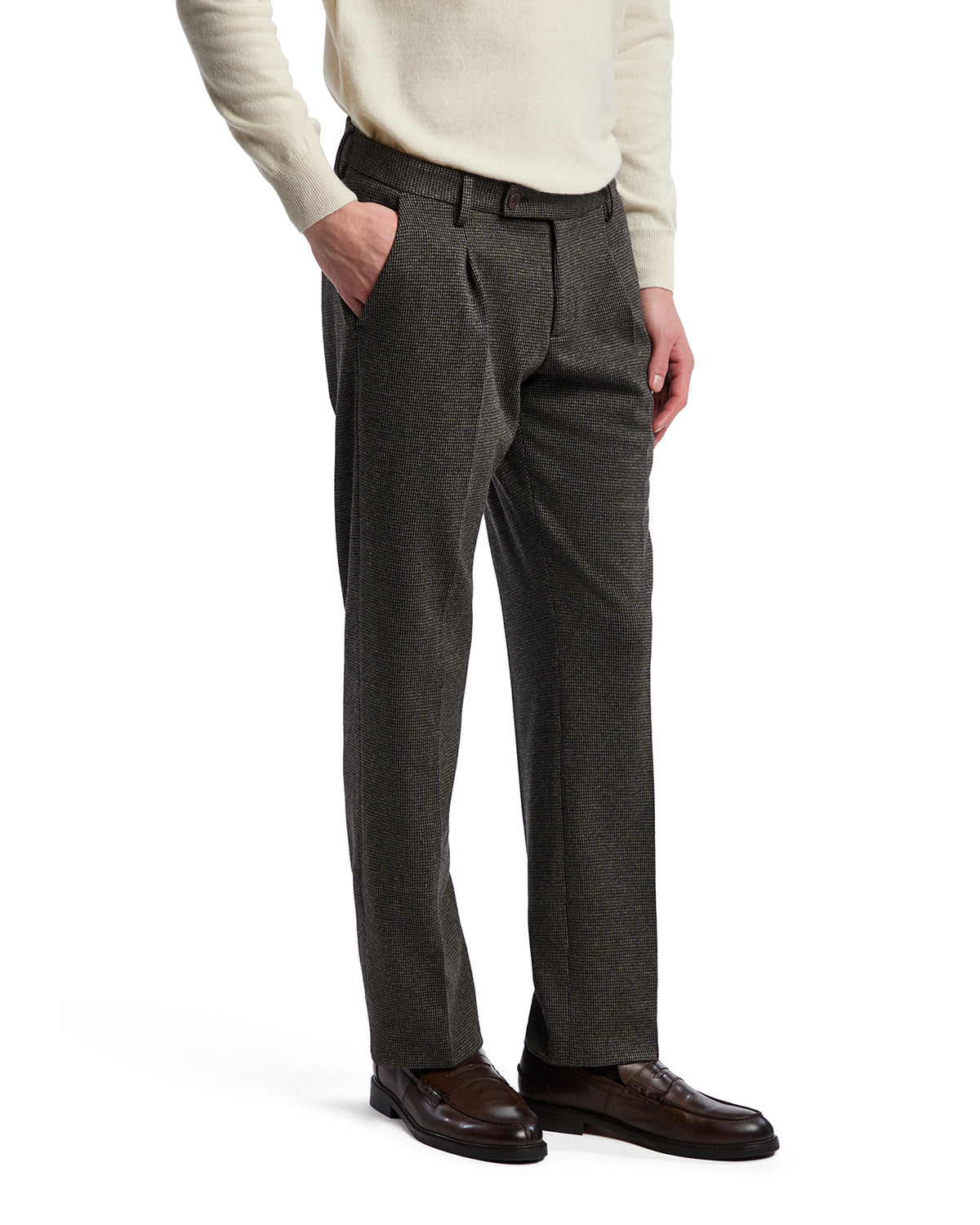 Men's tailored trousers in charcoal gray wool blend, featuring a classic straight fit and a sophisticated waistband.
