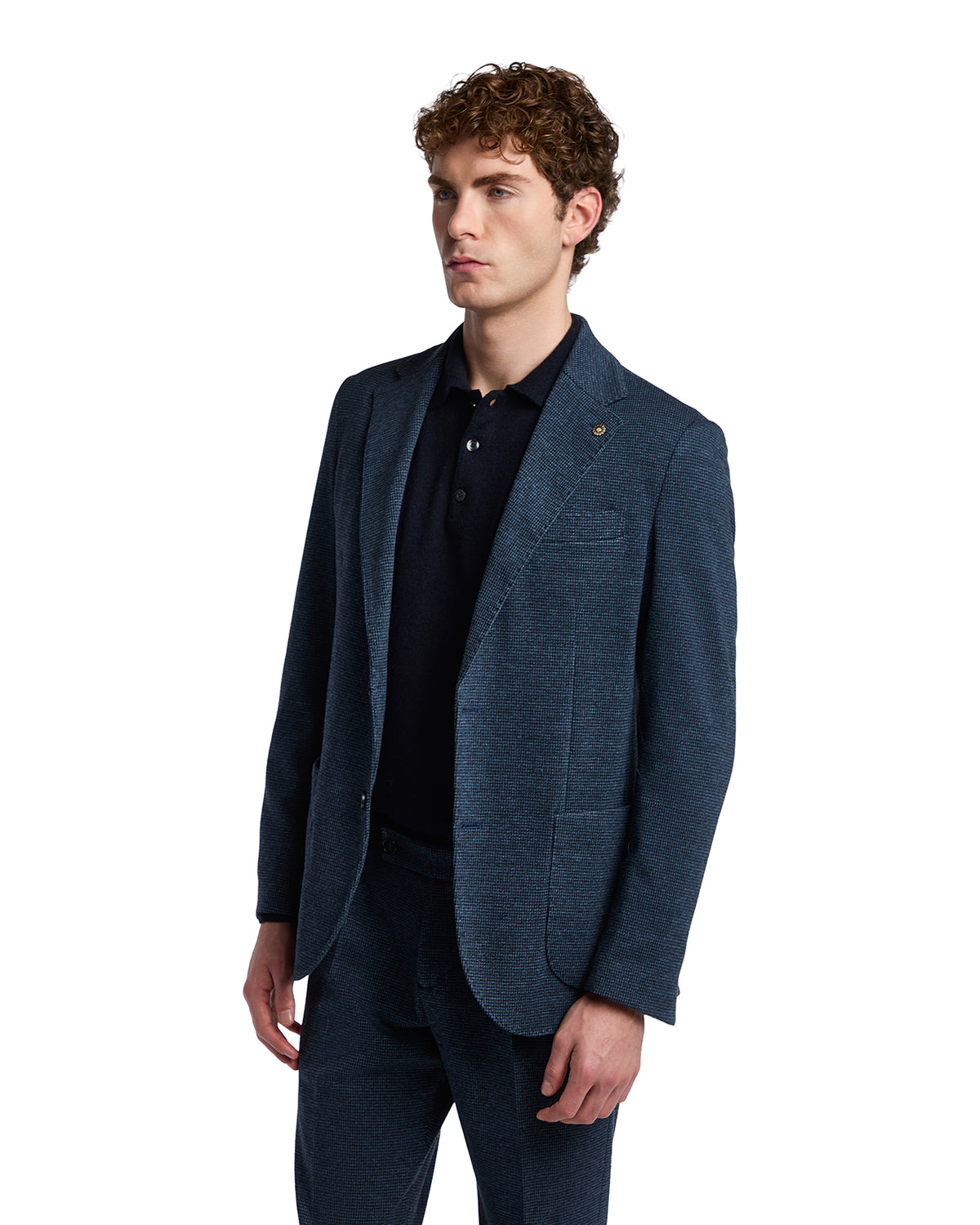 Men's navy blue blazer in textured fabric, tailored fit, perfect for smart-casual or formal occasions.