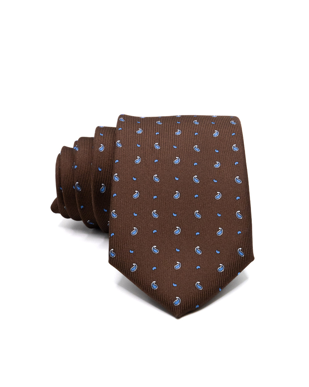 Corbata - de seda twill marrón con estampado de cachemira azul claro