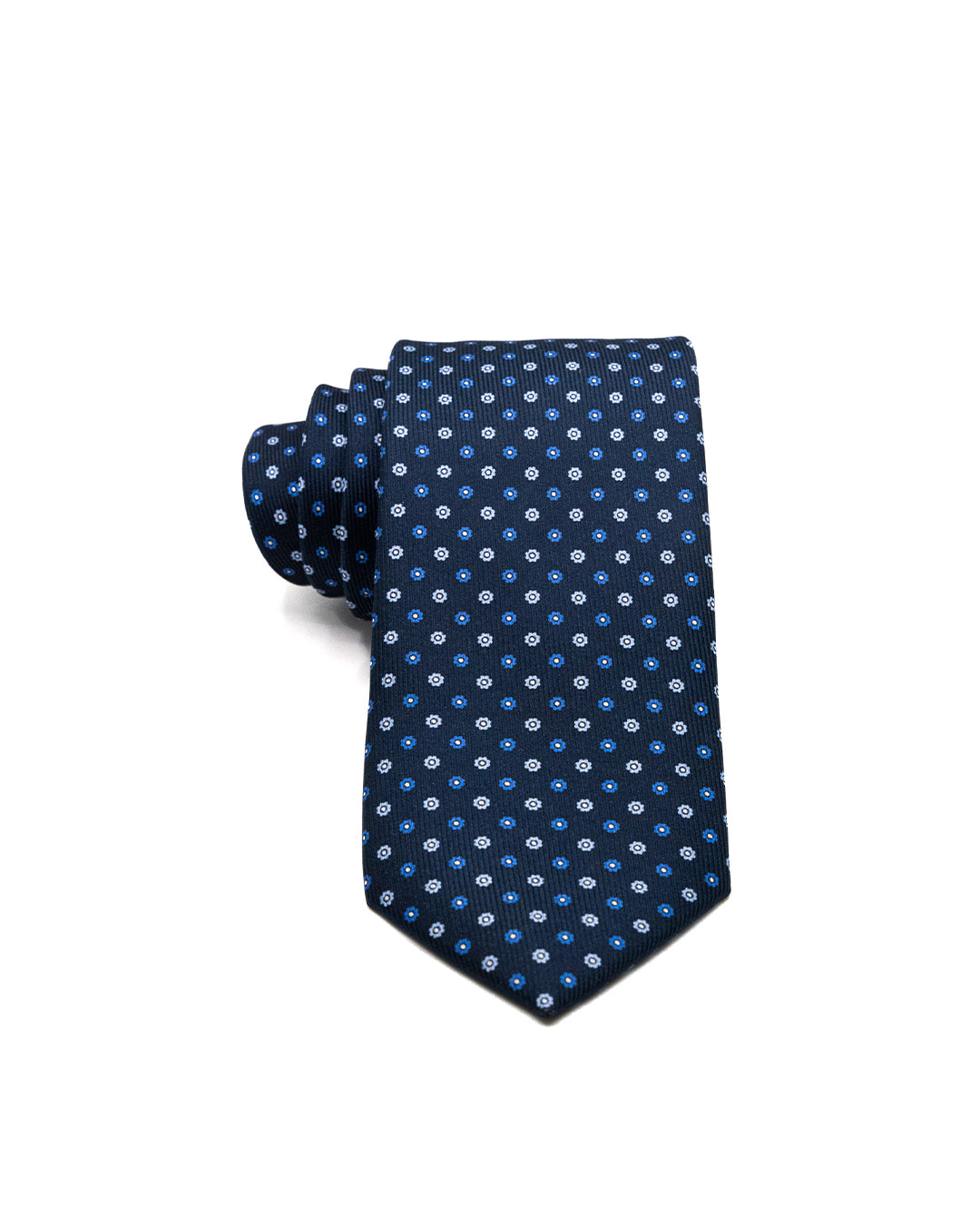 Corbata - de sarga de seda azul marino con motivo floral azul claro