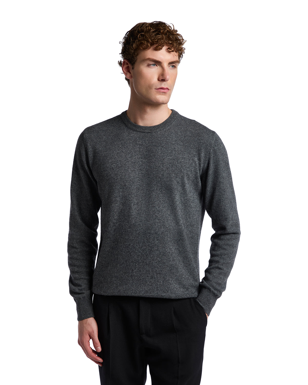 Men's dark gray cashmere sweater, classic crewneck style, perfect for layering in cooler seasons.
