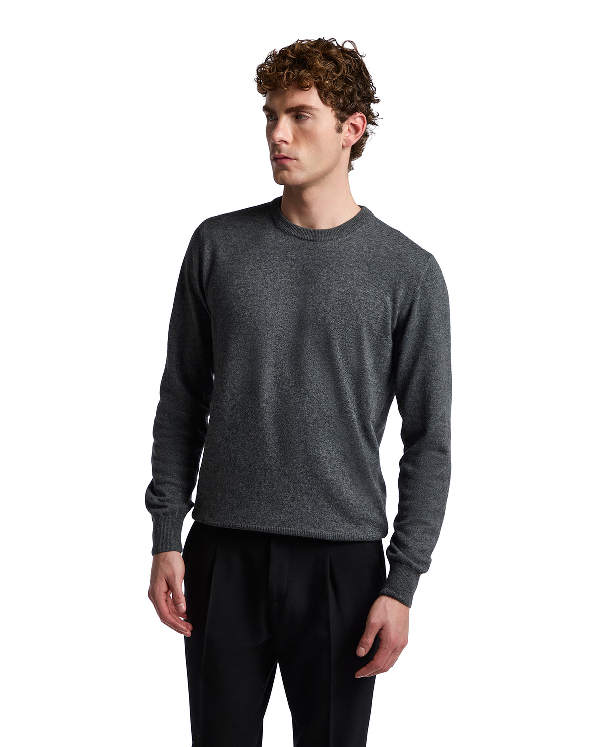 Men's charcoal gray knit sweater in soft fabric, featuring a classic round neck and relaxed fit, perfect for casual wear.
