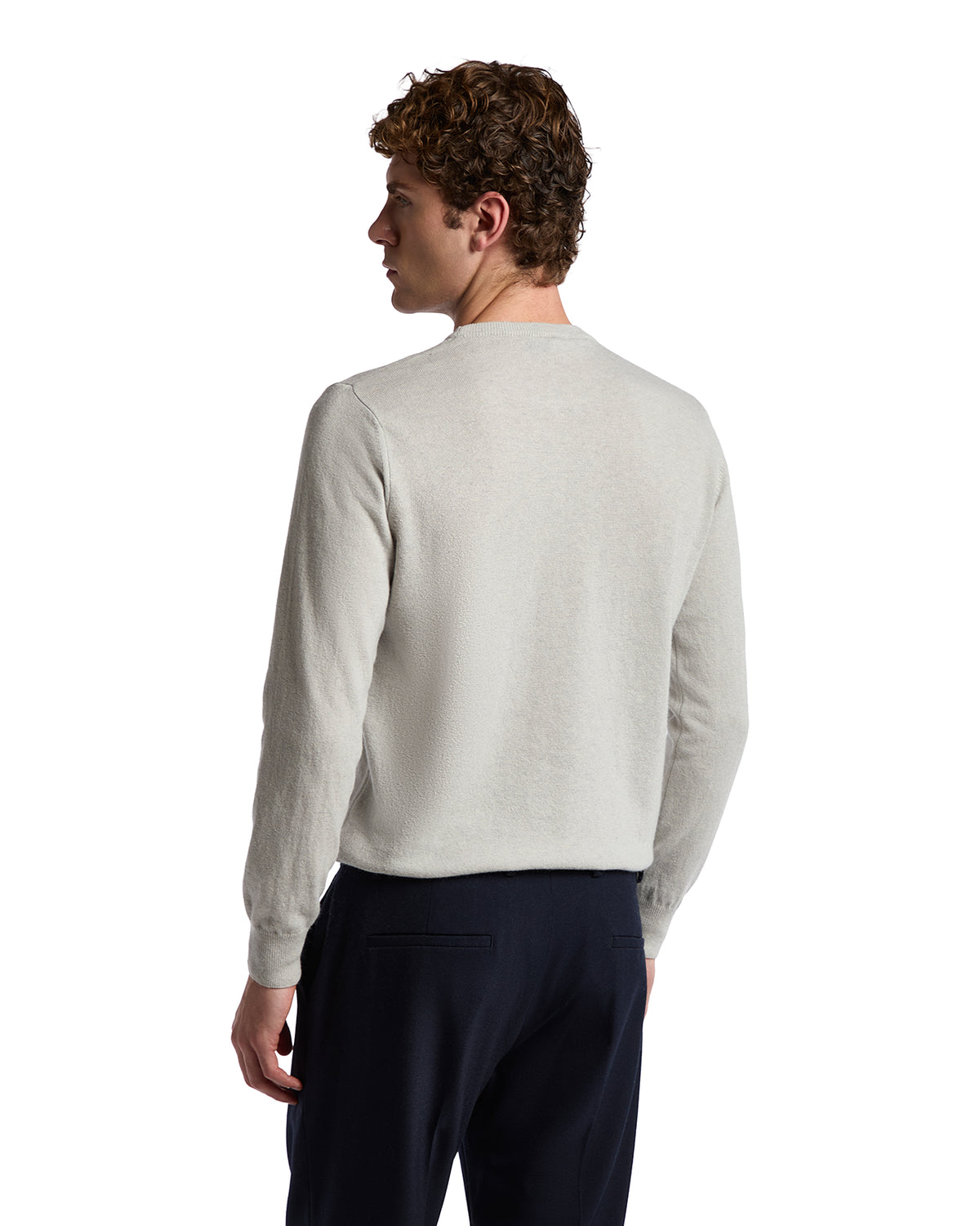 Men's light gray knit sweater, crew neck, long sleeves, casual style, perfect for layering.