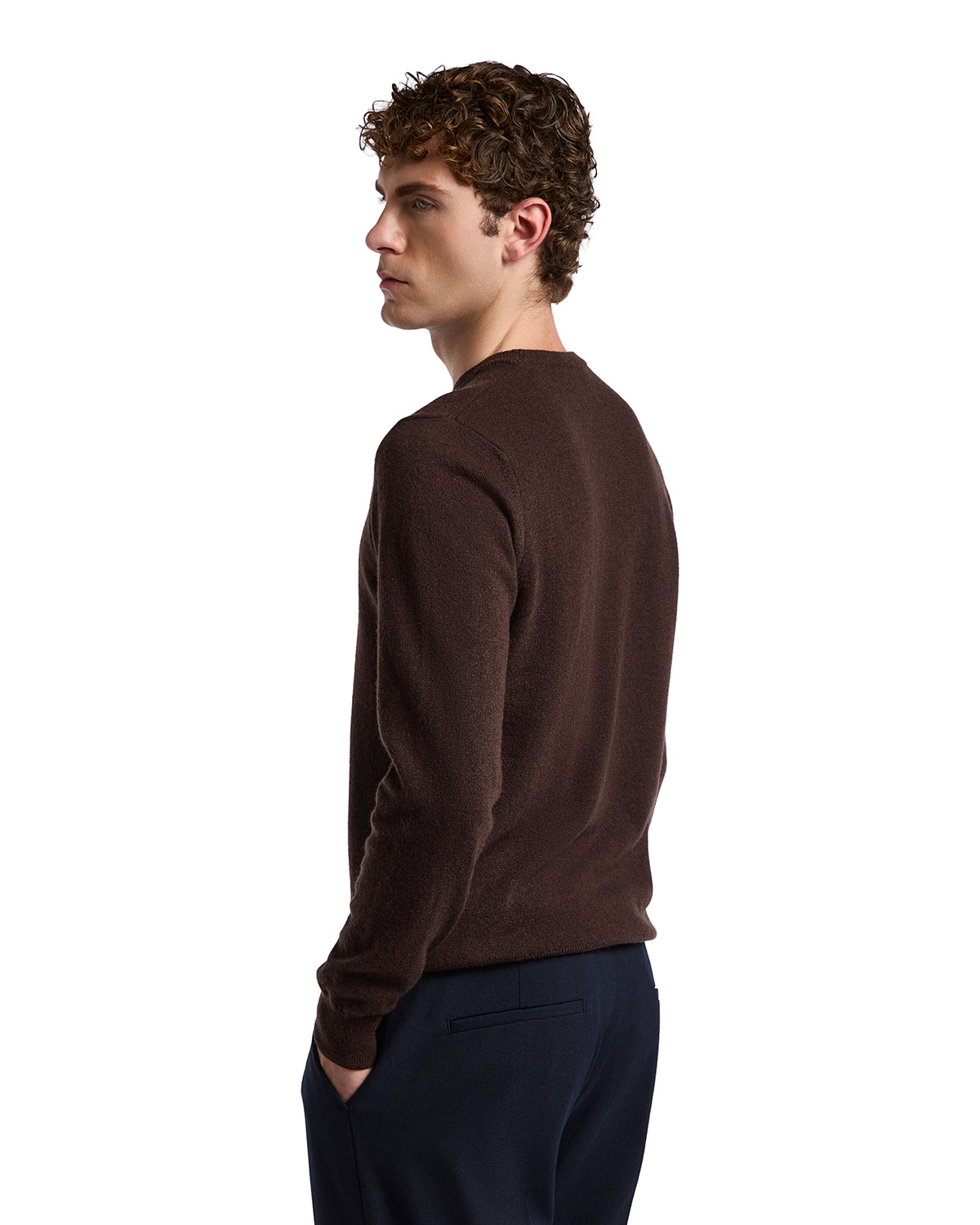 Men's brown knit sweater in soft wool blend, styled with a classic crew neck and long sleeves. Perfect for casual wear.