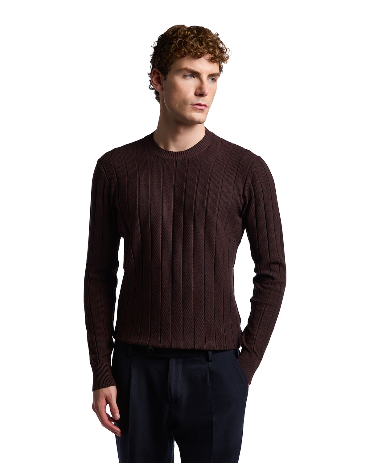 Men's brown ribbed knit sweater in soft cotton, featuring a classic crew neck and slim-fit silhouette.