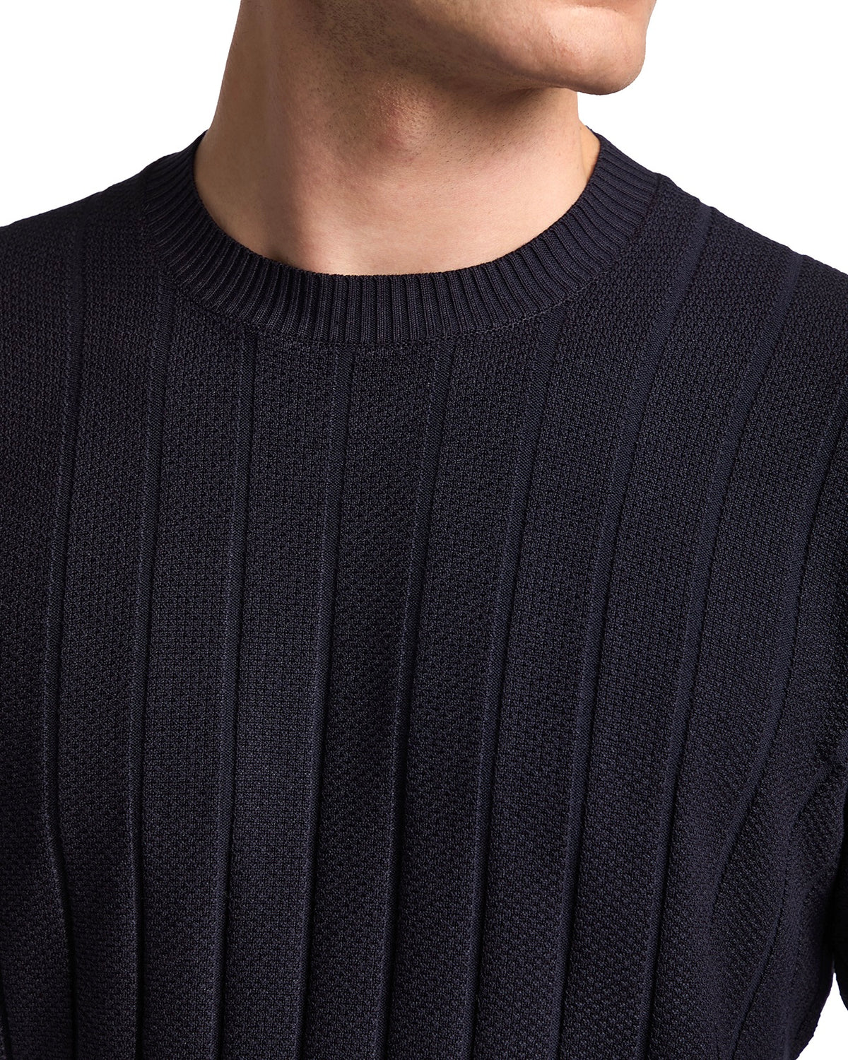 Navy ribbed knit sweater for men with crew neckline, ideal for casual and stylish outfits.