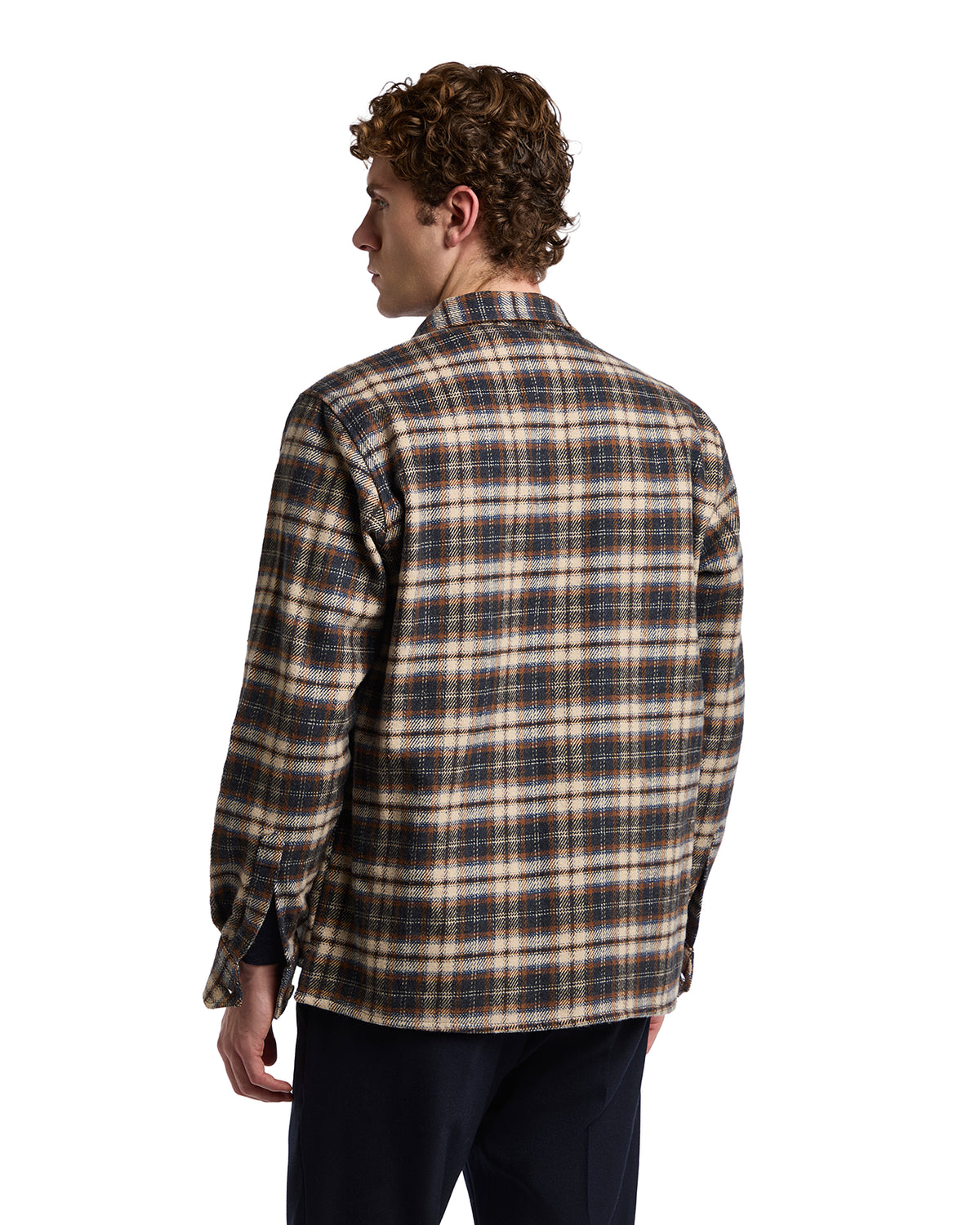 Men's plaid shirt jacket in brown, navy, and beige wool blend, featuring a relaxed fit and long sleeves.