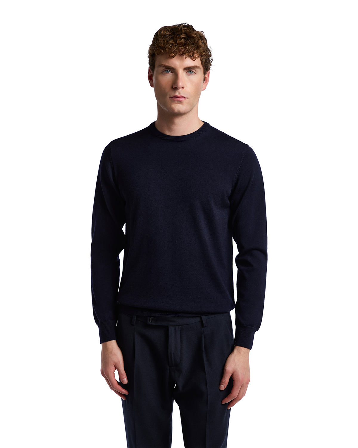 Men's navy blue crew neck sweater, crafted from soft, lightweight fabric, perfect for casual or formal wear.