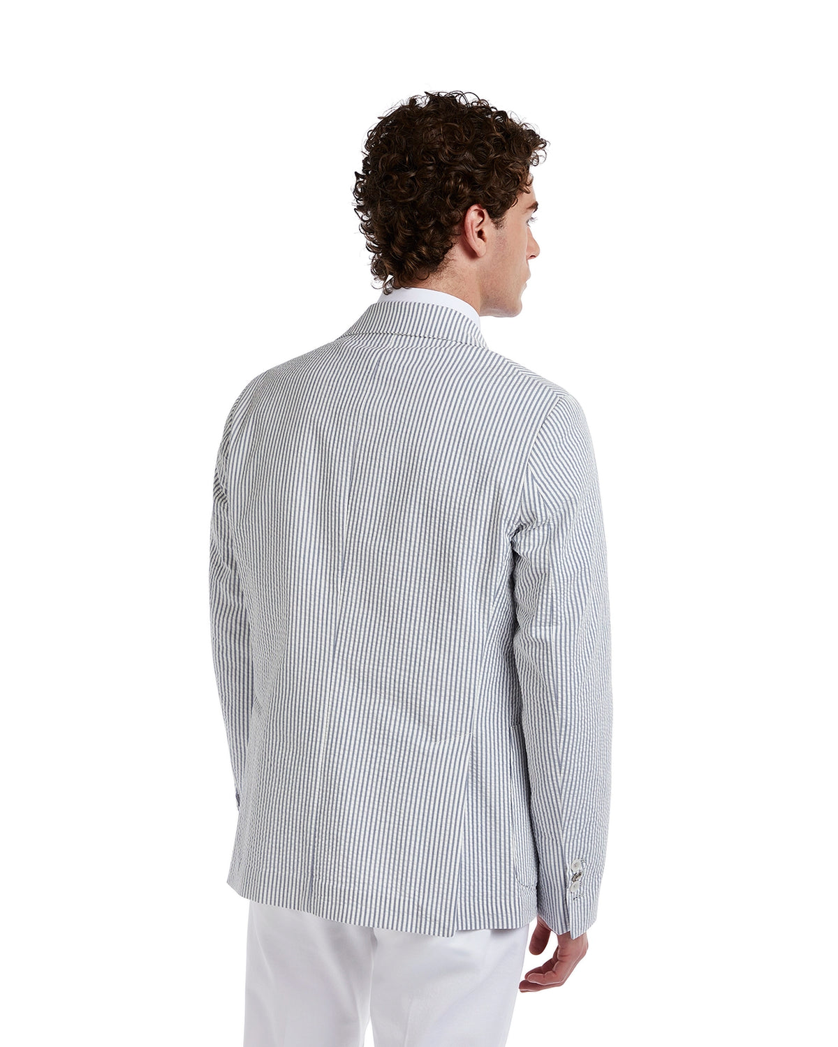 Men's blue and white striped blazer, tailored fit, lightweight cotton for a stylish, casual look.