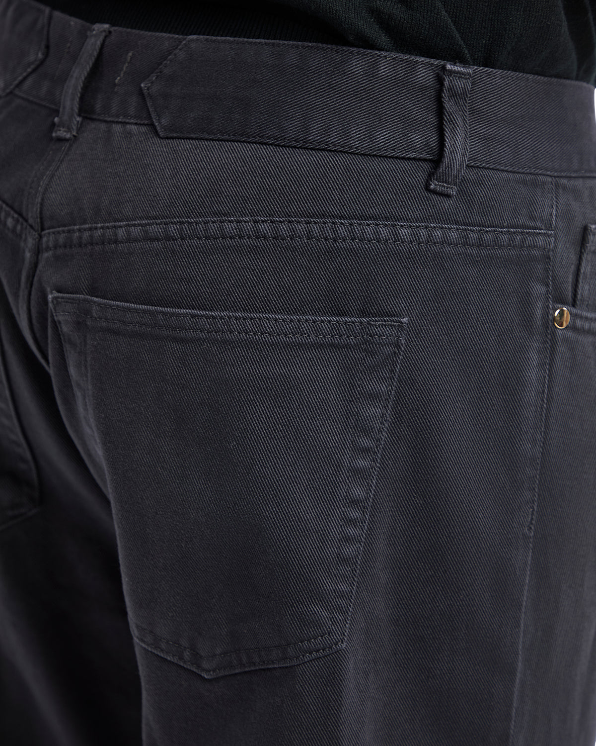 Men's dark gray cotton denim pants with a modern fit and subtle pocket detailing.
