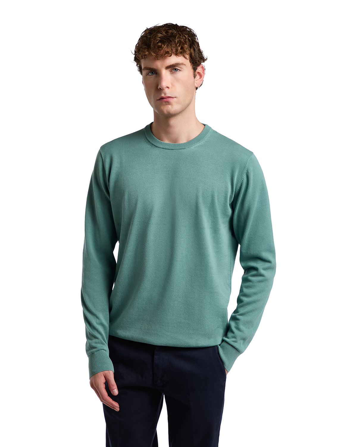 Men's mint green cotton crewneck sweater, casual style, perfect for layering, soft and comfortable fit.