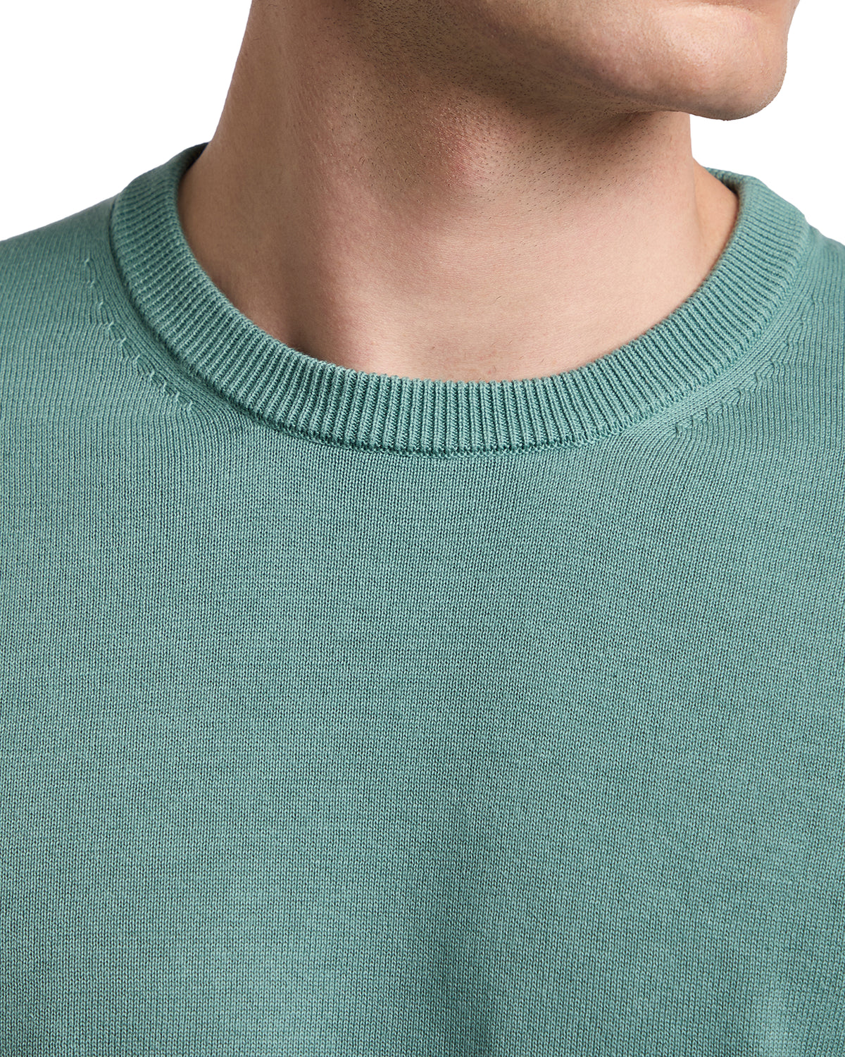 Men's mint green knit sweater with crew neck and ribbed detailing, perfect for casual layering.