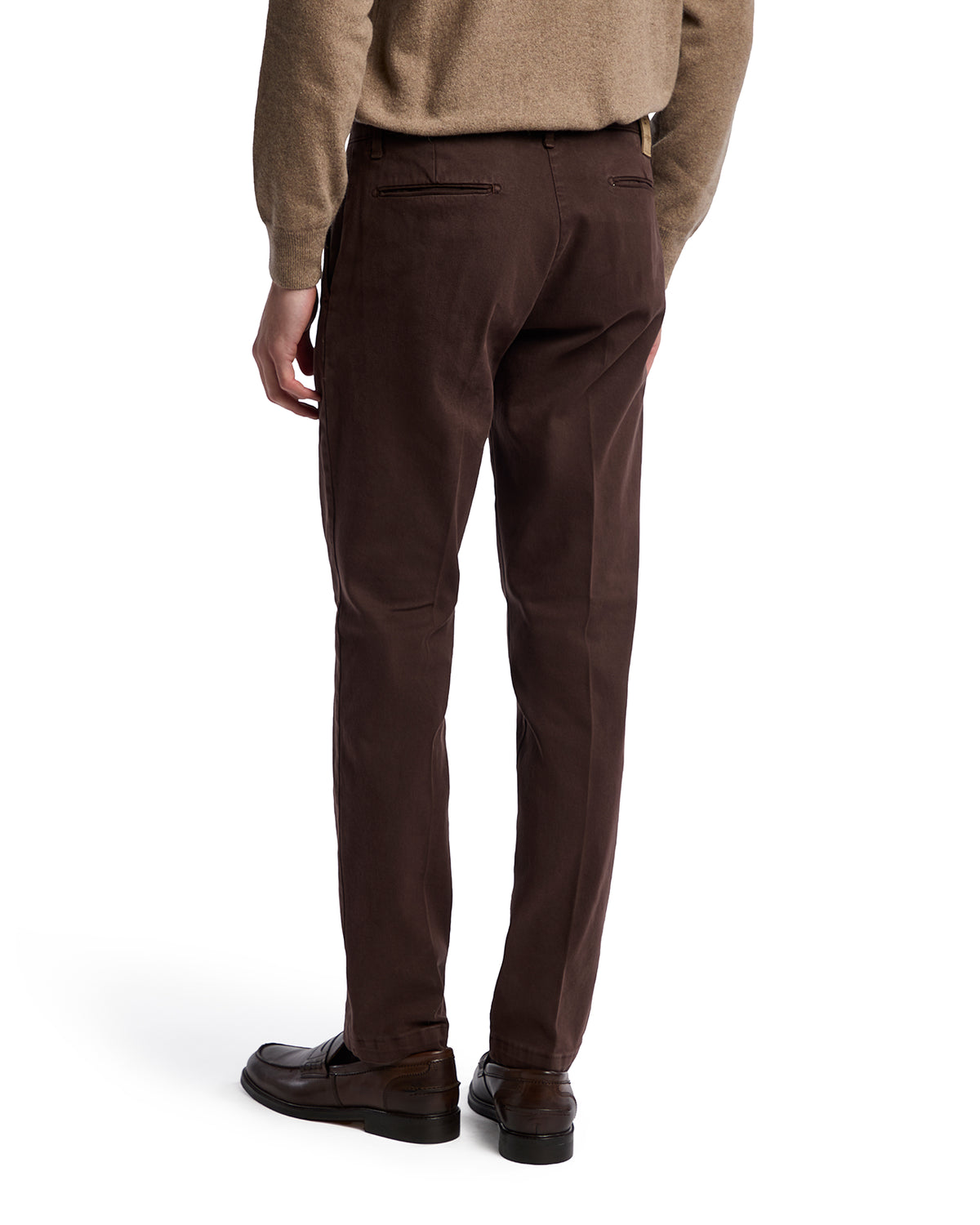 Brown cotton blend trousers with a tailored fit, perfect for casual or business casual attire.