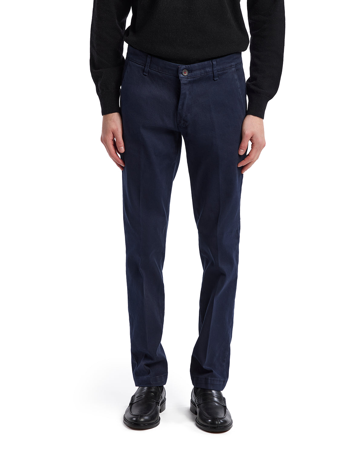 Navy cotton chinos for men, tailored fit, featuring a classic style and subtle sheen, perfect for casual or smart occasions.