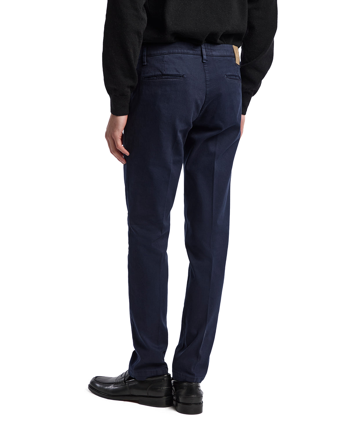 Navy blue cotton chinos for men, featuring a slim fit and back pockets, perfect for casual or semi-formal wear.