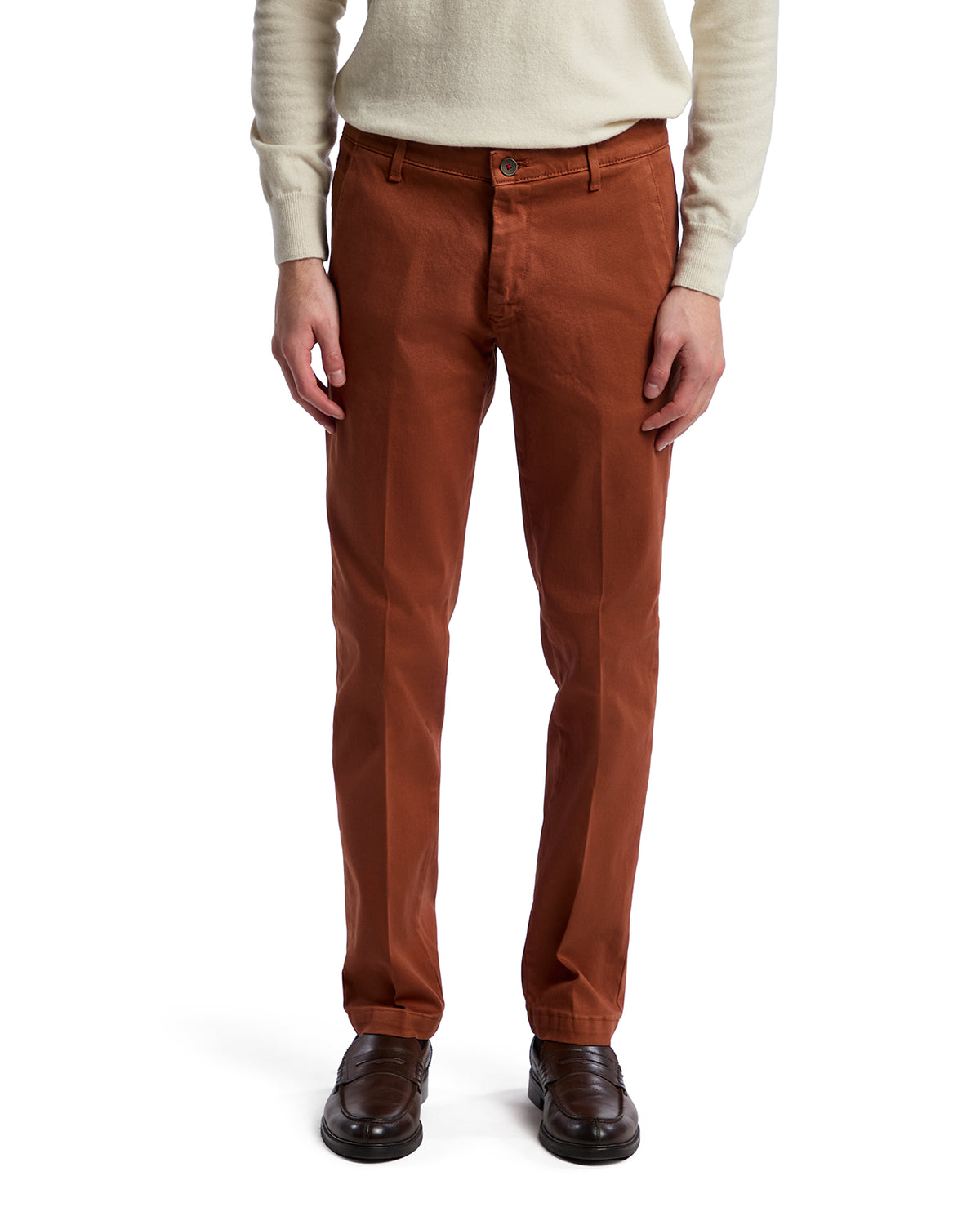 Men's rust orange chinos, made of cotton, slim fit with a button closure, styled for casual wear.