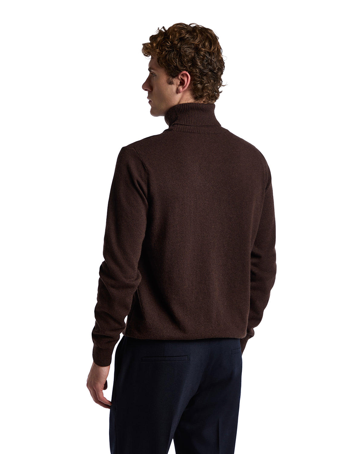 Men's brown cashmere turtleneck sweater, stylish and warm, perfect for layering in cooler weather.
