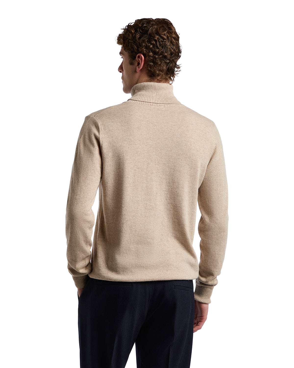 Men's beige turtleneck sweater made of soft wool blend, featuring a classic ribbed collar and casual style.