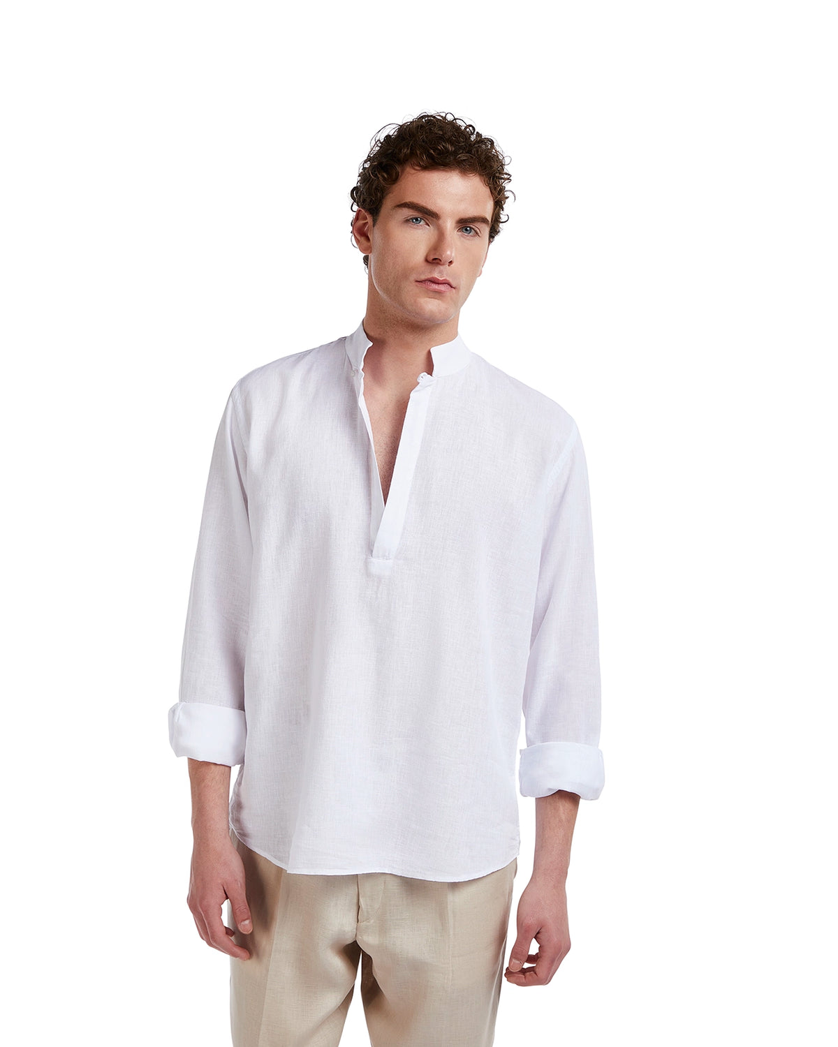 White linen men's shirt with a half placket and rolled-up sleeves, perfect for casual summer wear.
