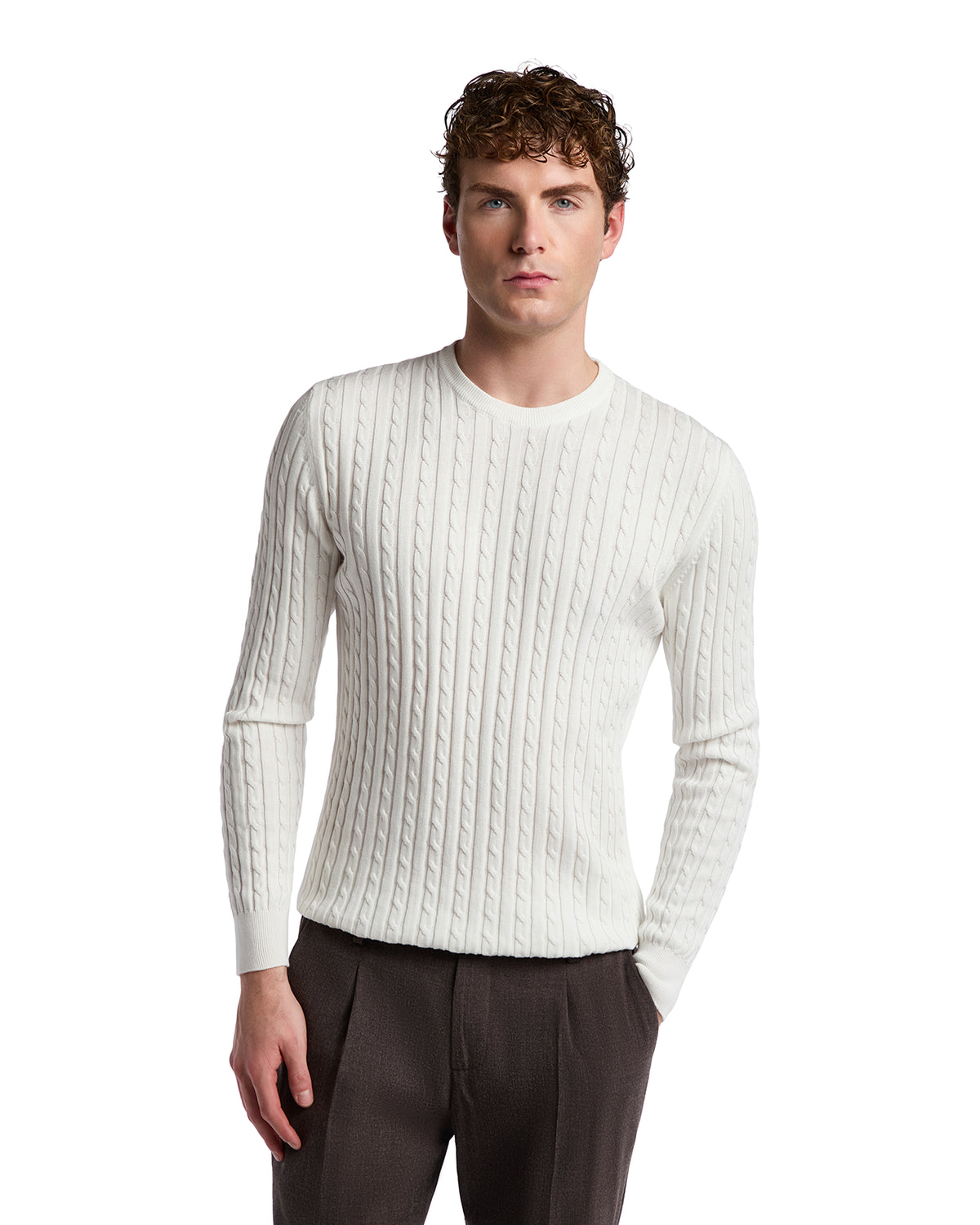 Cream ribbed cable knit sweater for men, made from soft knit fabric, featuring a classic crew neck and slim fit.