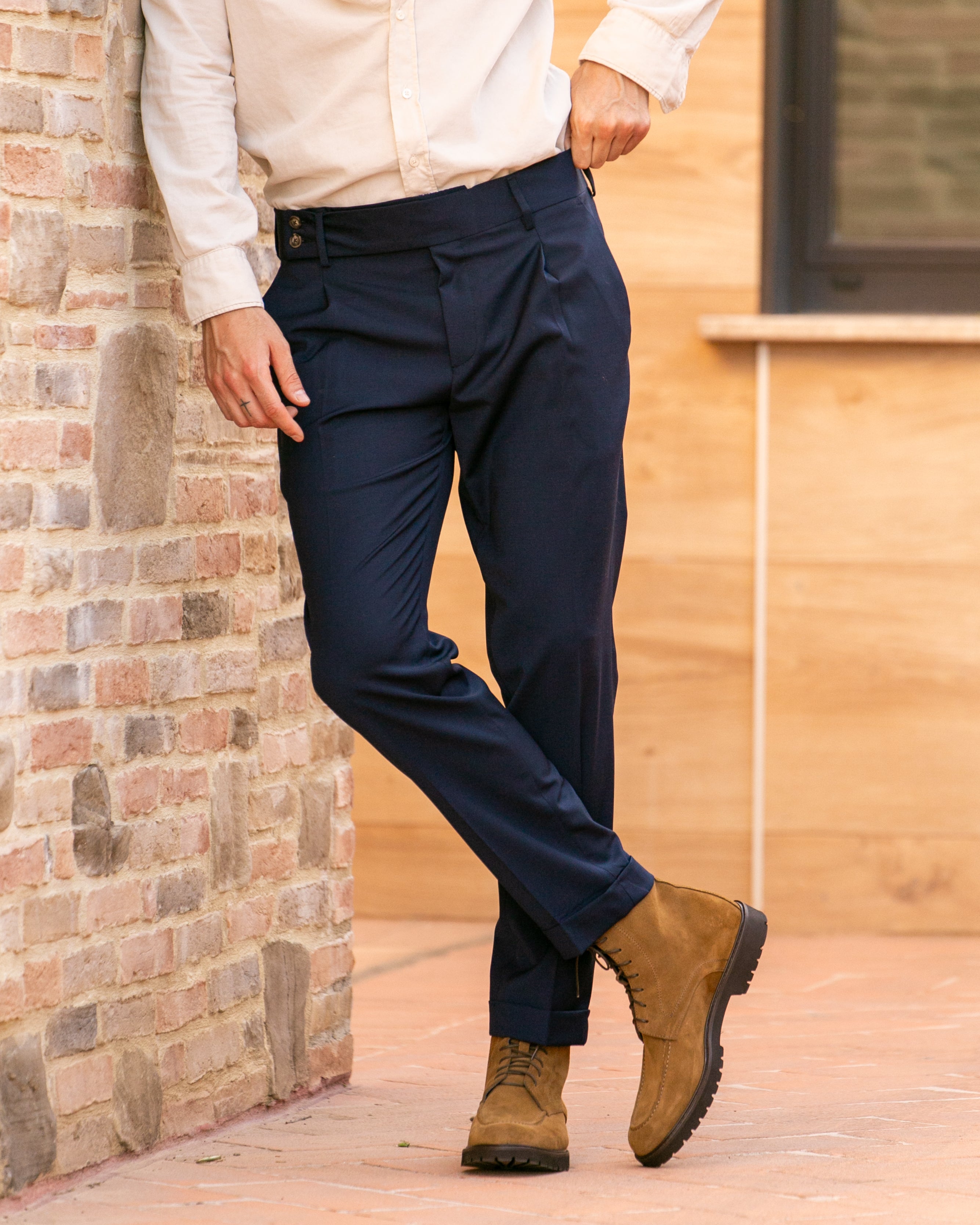 Italiano - pantalón azul de talle alto en mezcla de lana