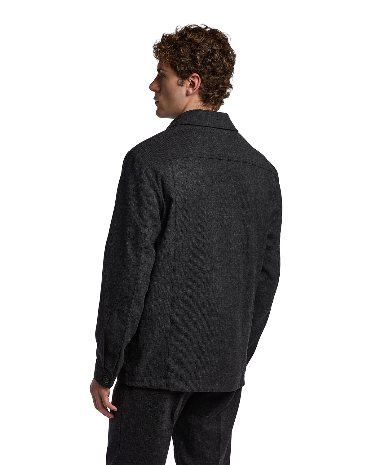 Men's dark gray wool blend jacket, featuring a classic collar and button cuffs, perfect for stylish fall layering.