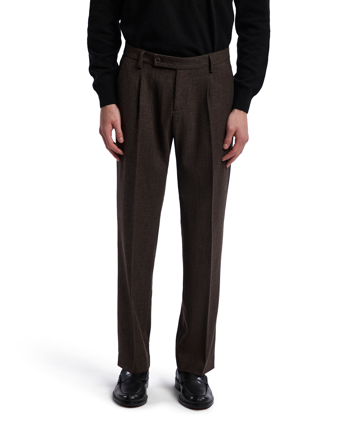 Brown wool trousers with a tailored fit and double pleats, perfect for formal or business casual occasions.