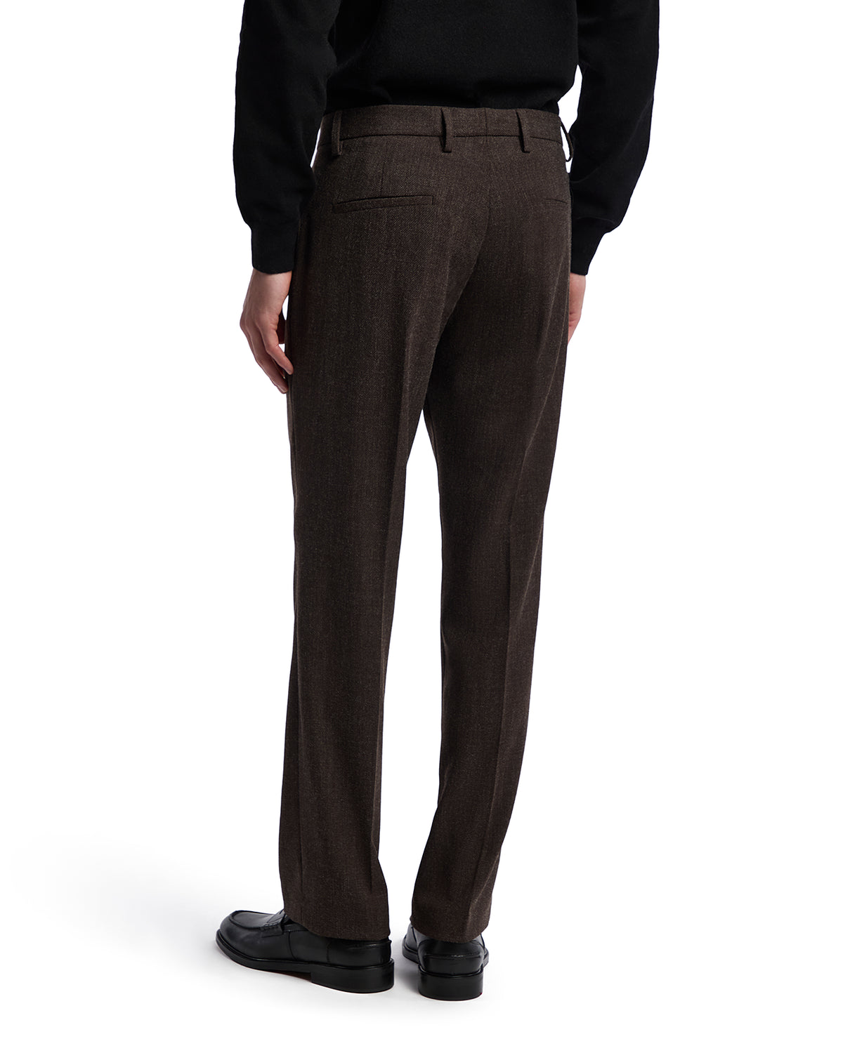 Men's brown wool blend trousers, tailored fit with a flat front and back pockets, perfect for formal occasions.