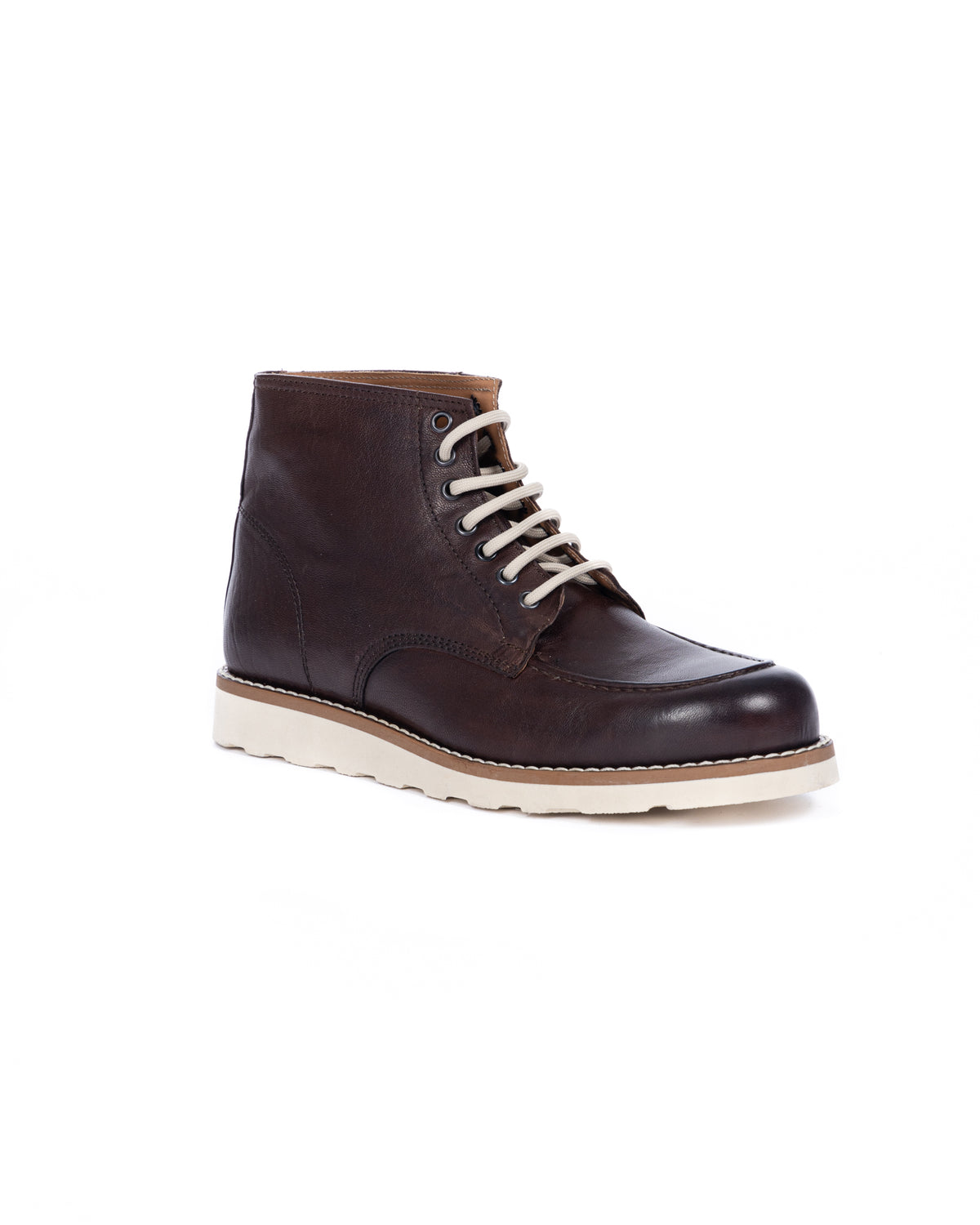 Dark brown leather men's lace-up ankle boot with white rubber sole and cream laces, casual moc-toe style