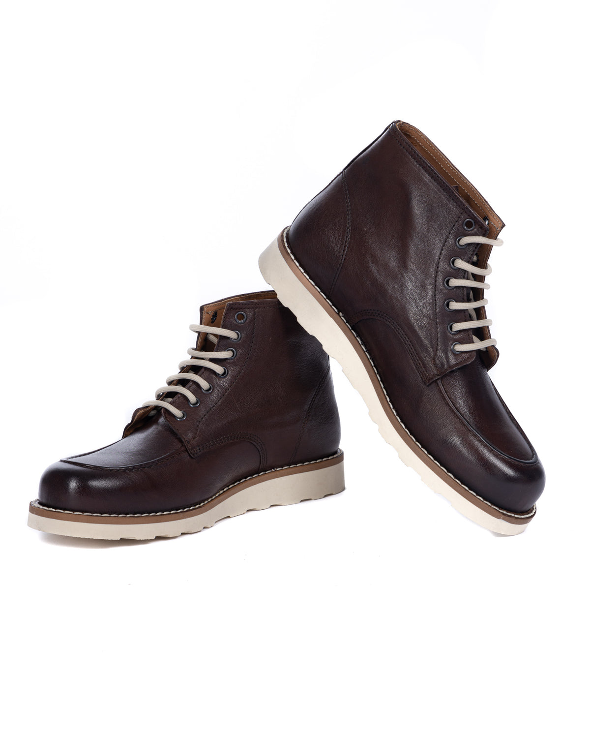 Dark brown leather lace-up ankle boots with cream rubber sole and moc toe design.