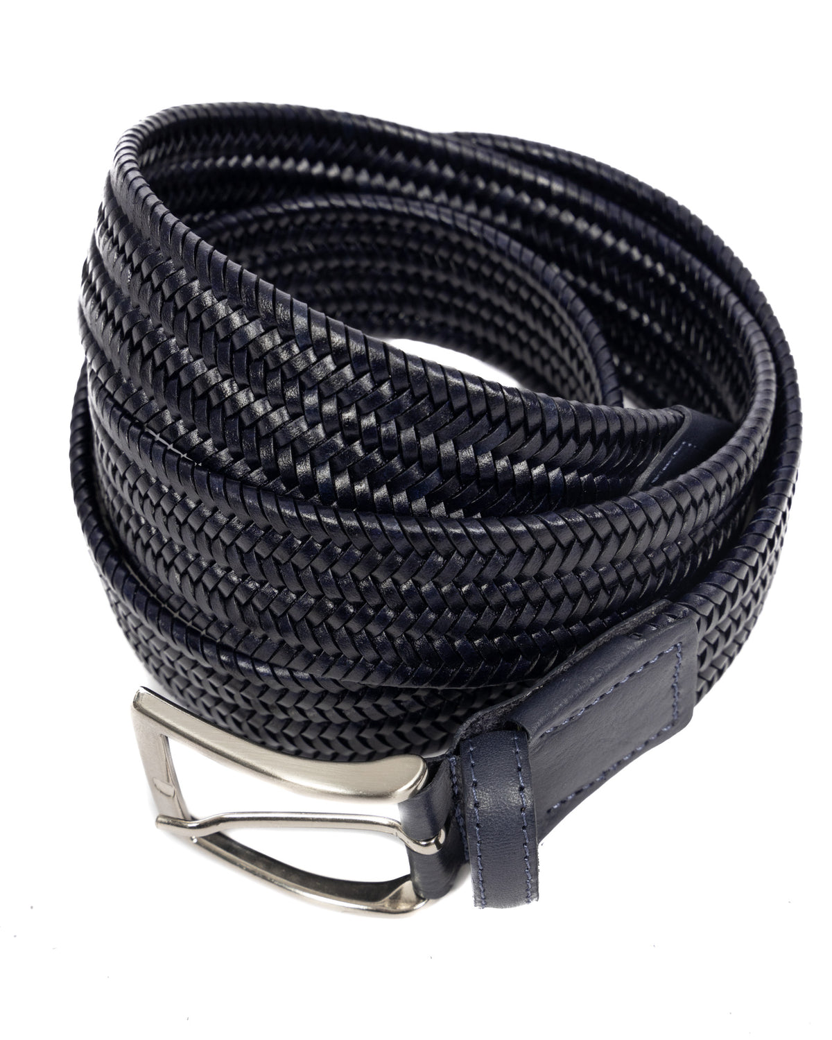 Navy blue woven leather belt with silver-toned rectangular buckle, braided texture, and smooth leather tip.