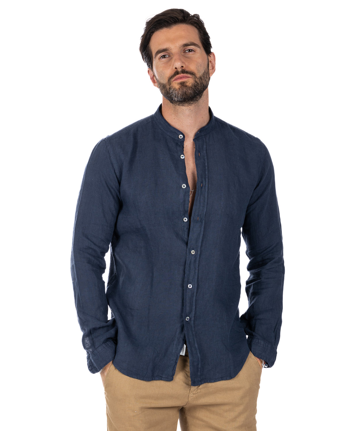 Nizza - Korean shirt in pure blue linen