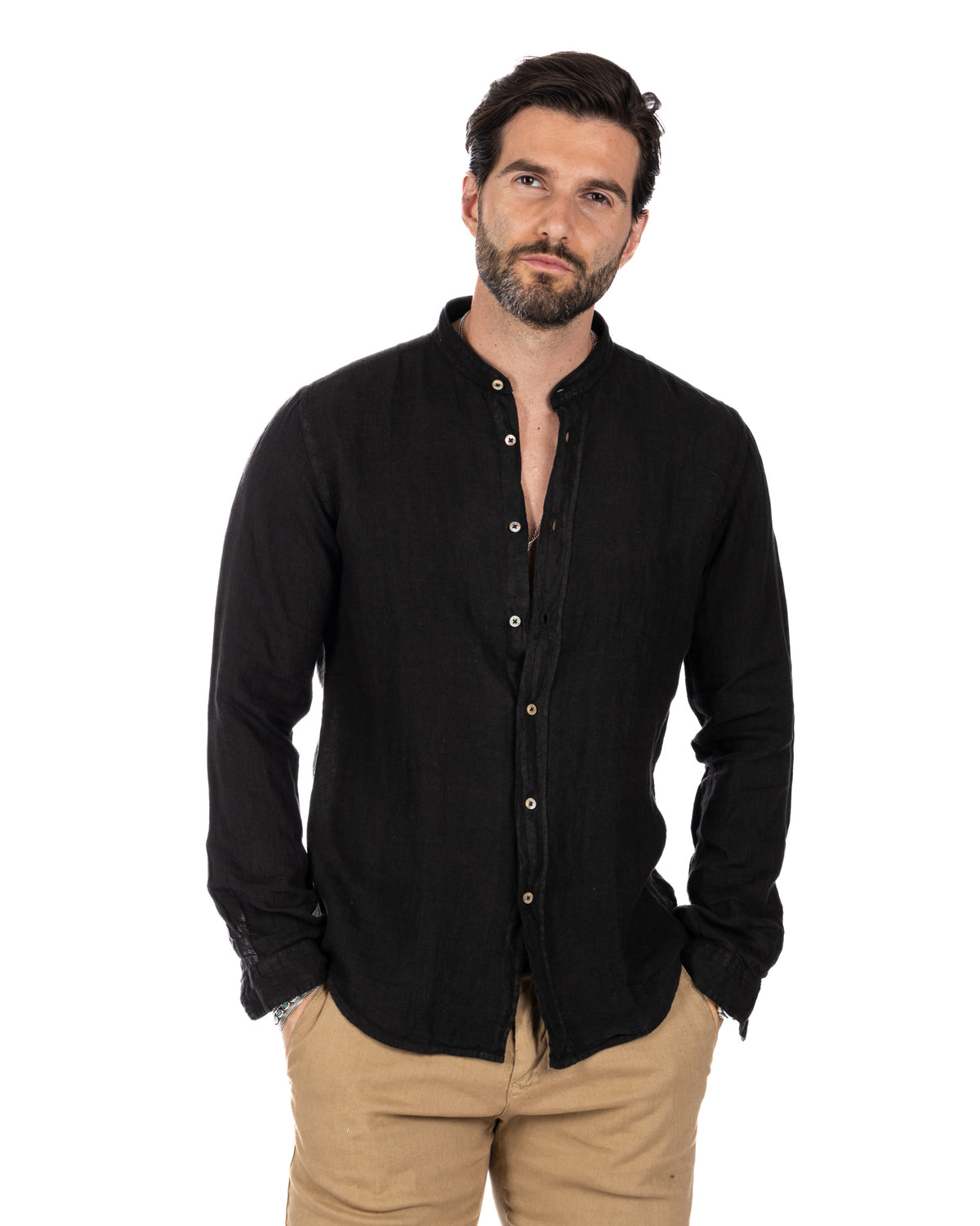 Nizza - Korean shirt in pure black linen