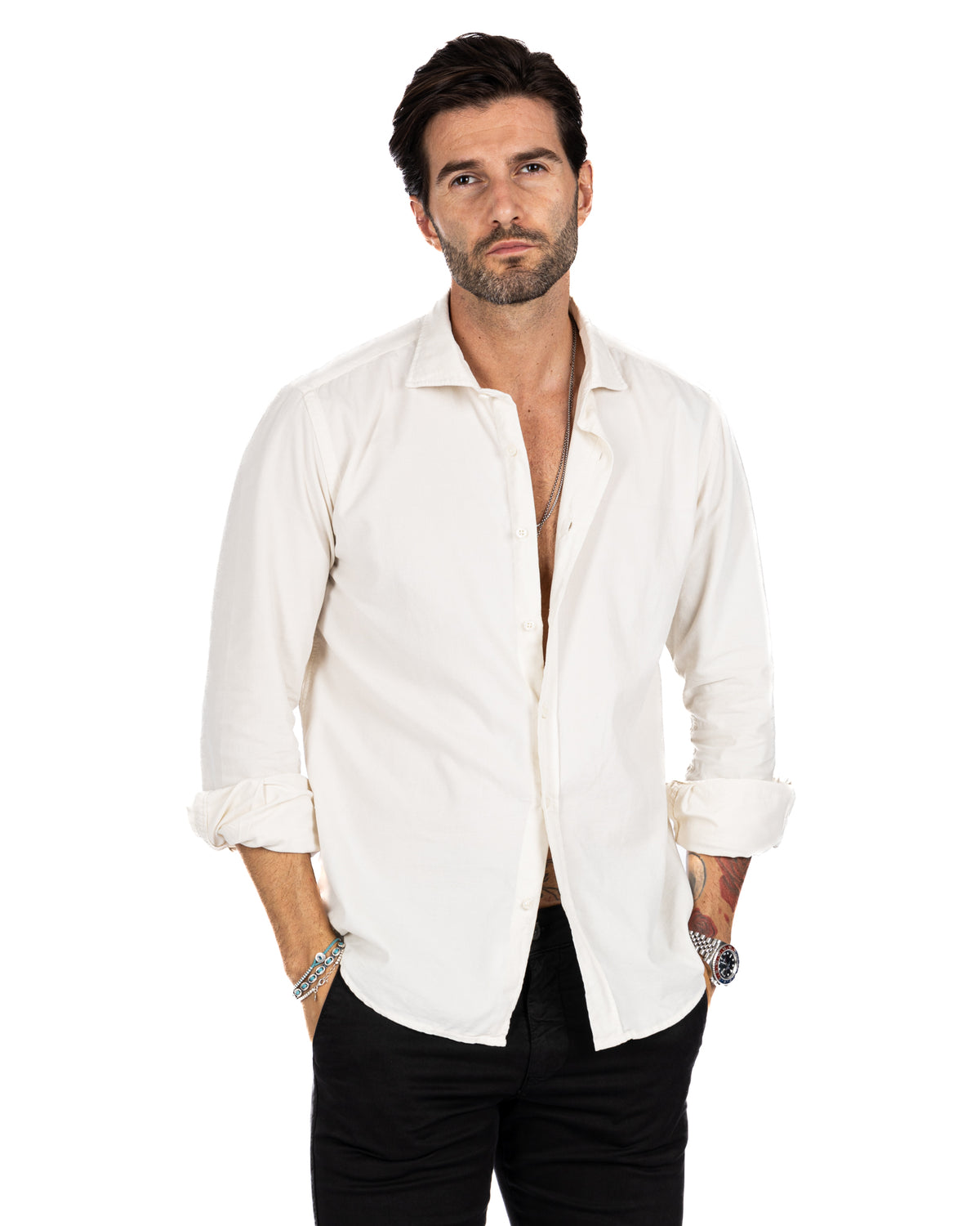 Vega - cream shirt in thousand-stripe velvet