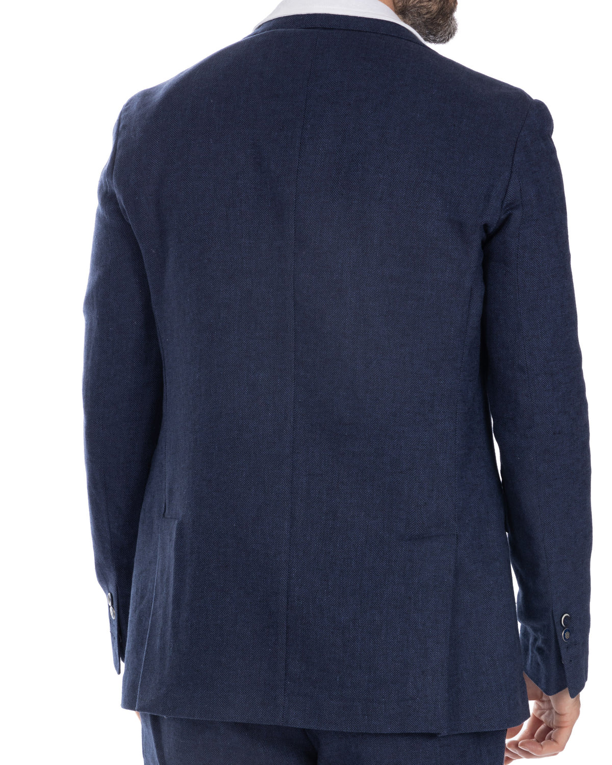 Navy blue herringbone wool suit jacket, slim fit, back view, tailored menswear blazer with buttoned cuffs