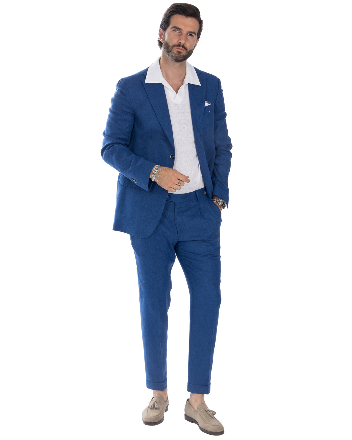 Royal blue linen suit with white polo shirt and tan suede loafers, smart casual menswear summer style